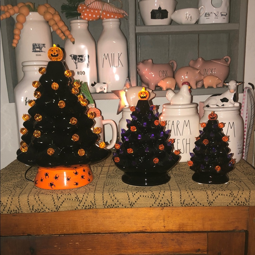 Halloween Ceramic Tree Set of 3 with Orange and Purple Lights (Mr Halloween)